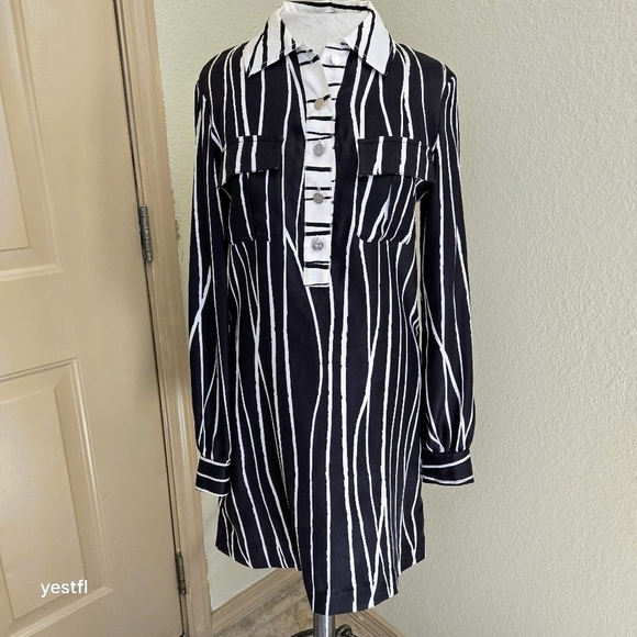 Tory Burch silk black and white Collared long sleeve dress 4 - Picture 7 of 8